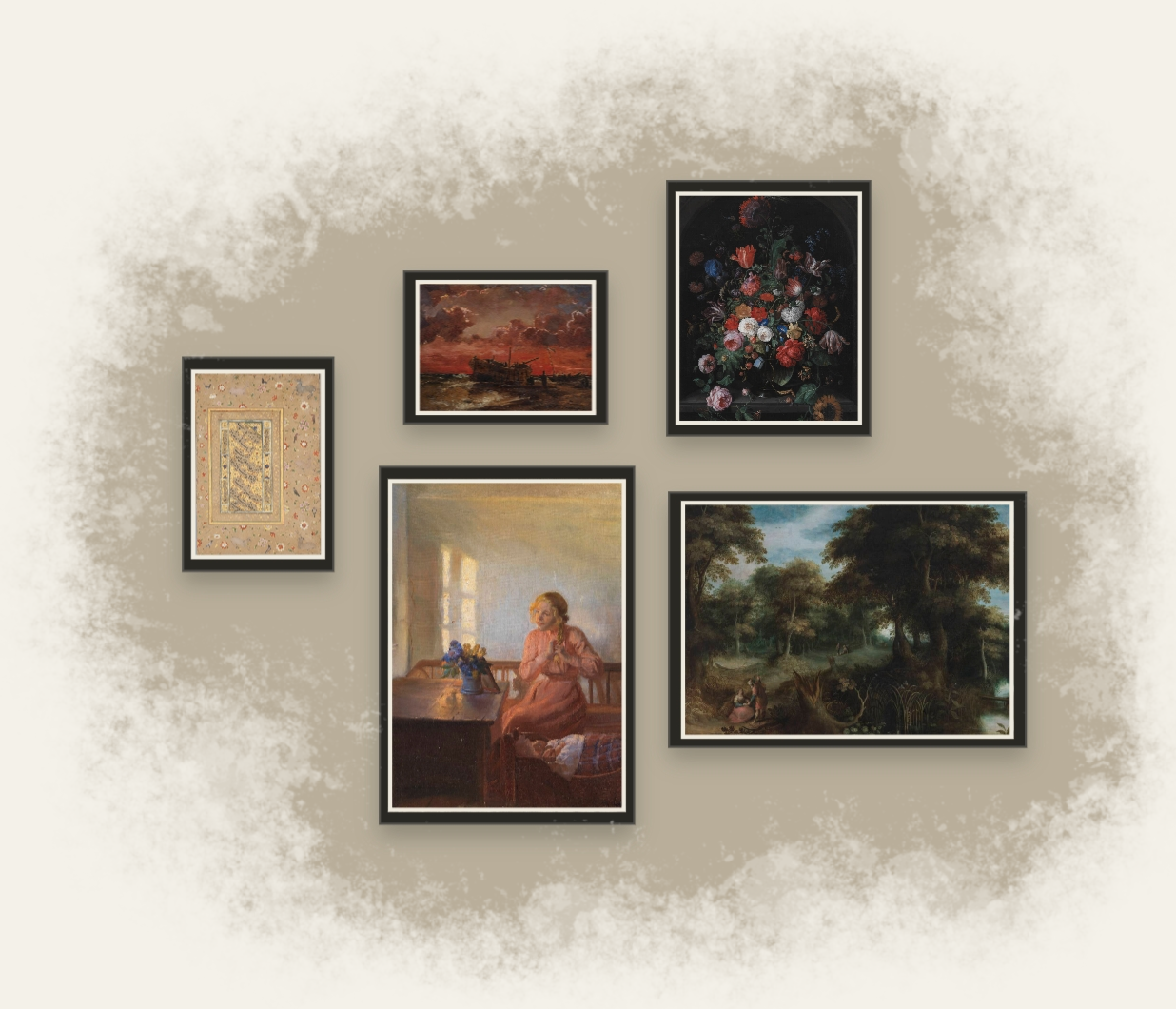 Five public-domain artworks arranged as a gallery wall.